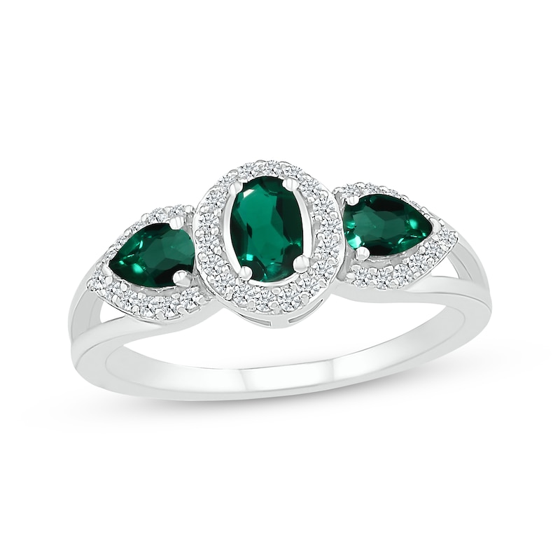 Main Image 1 of Oval-Cut & Pear-Shaped Lab-Created Emerald & White Lab-Created Sapphire Three-Stone Ring Sterling Silver