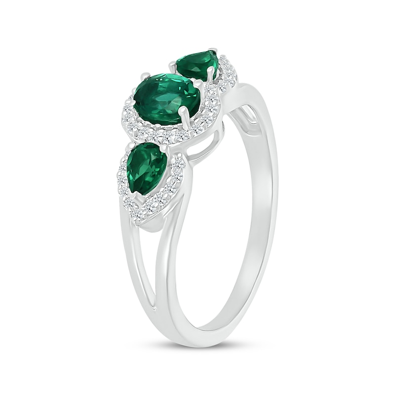 Main Image 2 of Oval-Cut & Pear-Shaped Lab-Created Emerald & White Lab-Created Sapphire Three-Stone Ring Sterling Silver
