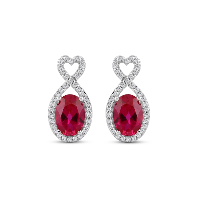 Main Image 2 of Oval-Cut Lab-Created Ruby & White Lab-Created Sapphire Twisted Heart Drop Earrings Sterling Silver