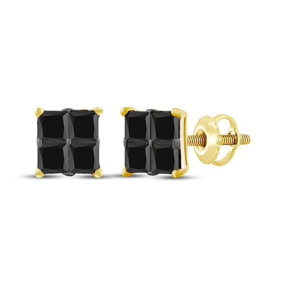 Men's Square-Cut Black Diamond Quad Stud Earrings 2 ct tw 10K Yellow Gold