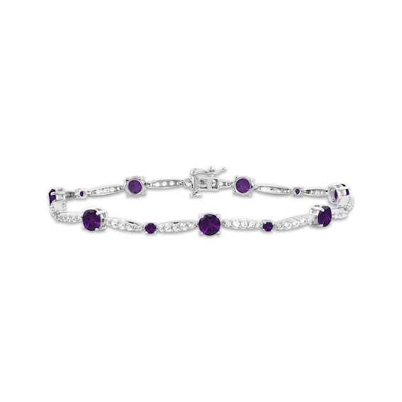 Amethyst & White Lab-Created Sapphire Link Bracelet Sterling Silver 7.5"