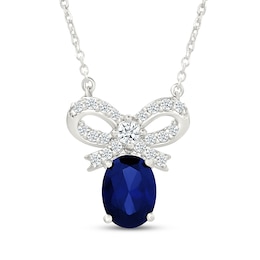 Oval-Cut Blue Lab-Created Sapphire & White Lab-Created Sapphire Bow Necklace Sterling Silver 18&quot;
