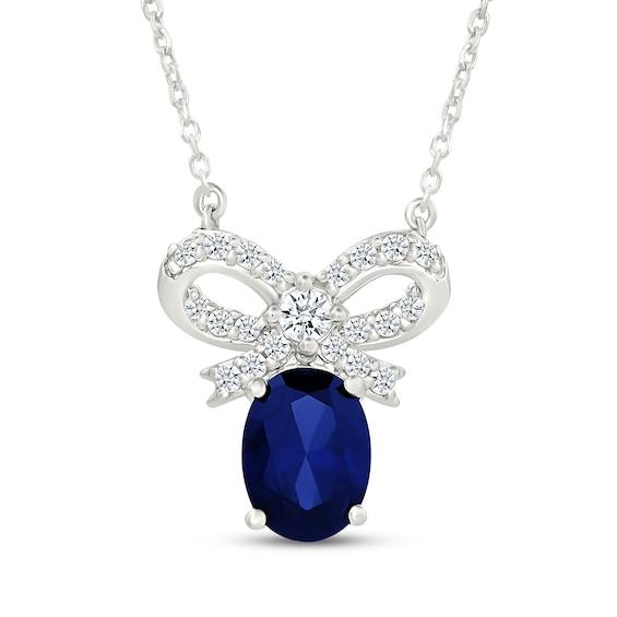 Oval-Cut Blue Lab-Created Sapphire & White Lab-Created Sapphire Bow Necklace Sterling Silver 18"