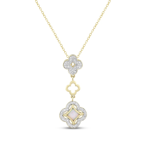 White Lab-Created Opal & Diamond Clover Drop Necklace 1/5 ct tw 10K Yellow Gold 18"