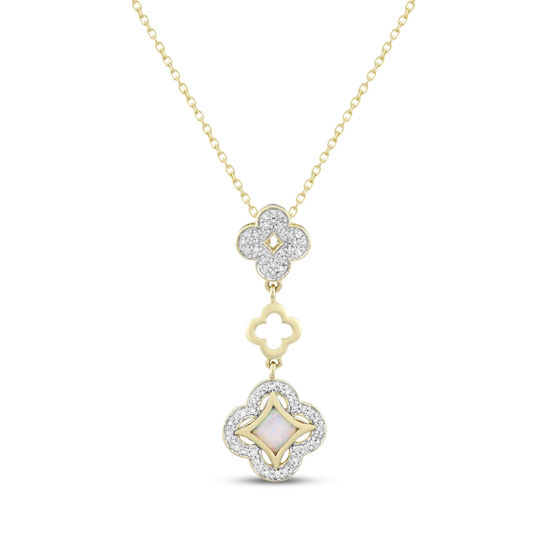Main Image 1 of White Lab-Created Opal & Diamond Clover Drop Necklace 1/5 ct tw 10K Yellow Gold 18&quot;
