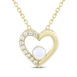 Cultured Pearl & White Lab-Created Sapphire Heart Necklace 10K Yellow Gold 18"