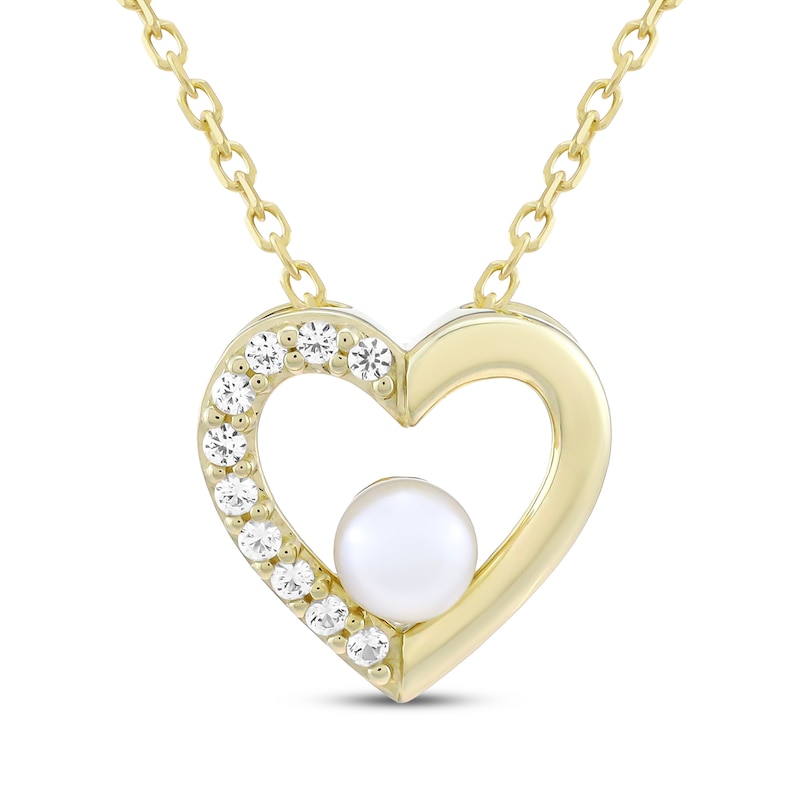 Main Image 1 of Cultured Pearl & White Lab-Created Sapphire Heart Necklace 10K Yellow Gold 18&quot;