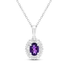 Oval-Cut Amethyst & White Lab-Created Sapphire Halo Necklace Sterling Silver 18"