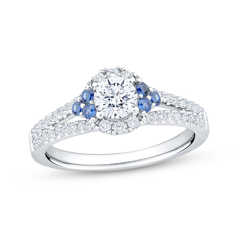 Main Image 1 of Now + Forever Round-Cut Diamond & Natural Blue Sapphire Trios Engagement Ring 3/4 ct tw 14K White Gold
