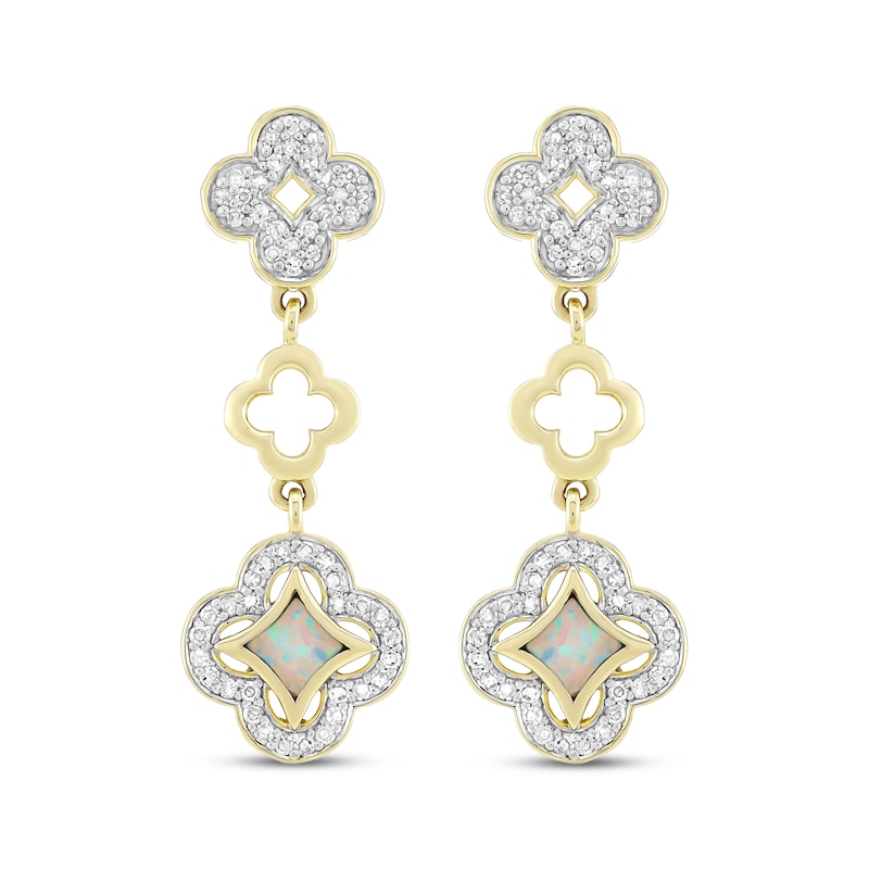Main Image 2 of White Lab-Created Opal & Diamond Clover Drop Earrings 1/3 ct tw 10K Yellow Gold
