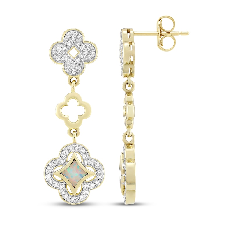Main Image 3 of White Lab-Created Opal & Diamond Clover Drop Earrings 1/3 ct tw 10K Yellow Gold