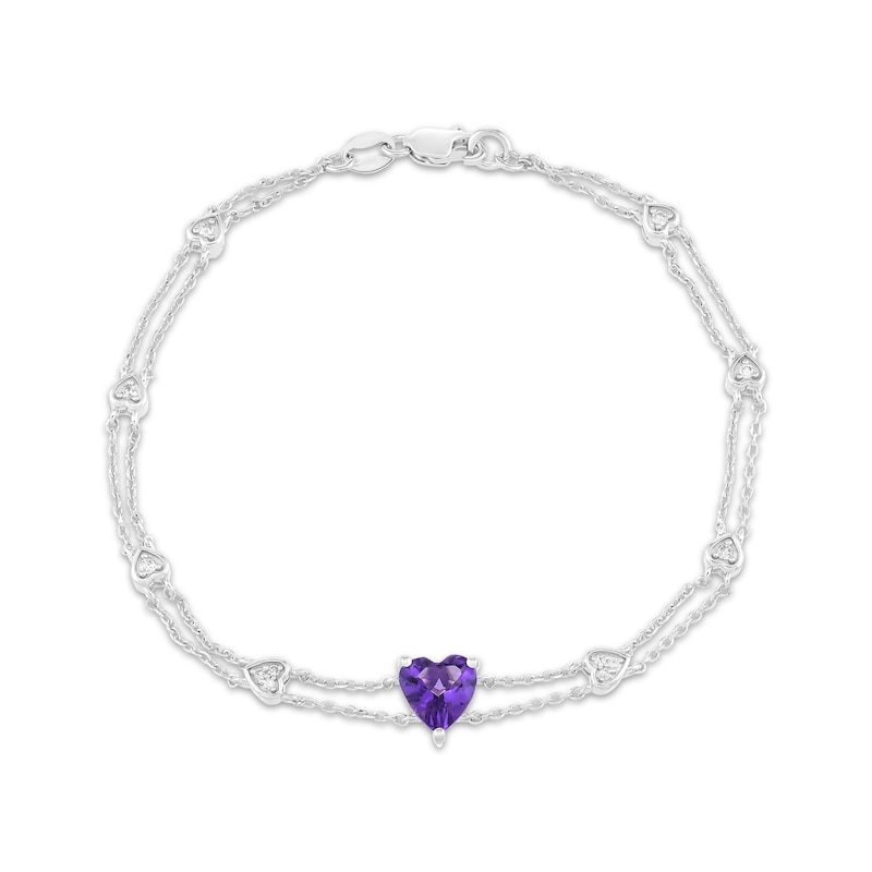 Main Image 1 of Heart-Shaped Amethyst & Diamond Bracelet 1/8 ct tw Sterling Silver 7.25&quot;