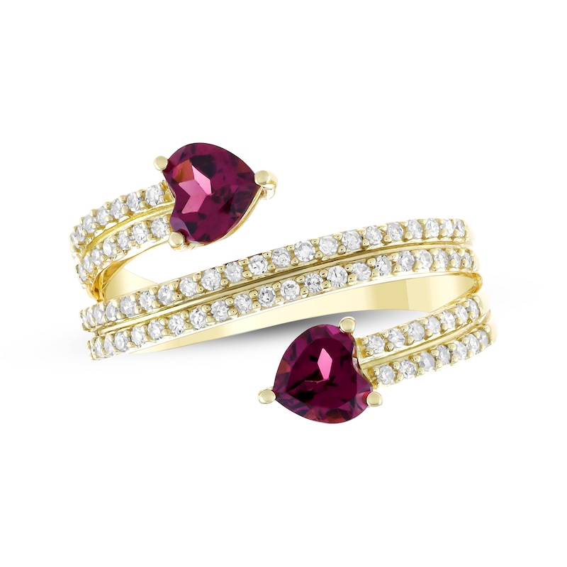 Main Image 1 of Heart-Shaped Rhodolite Garnet & Diamond Bypass Ring 1/3 ct tw 10K Yellow Gold