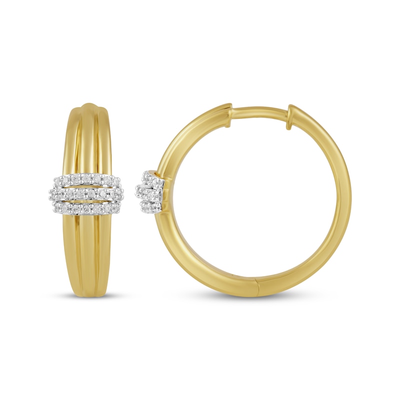 Main Image 3 of Diamond Three-Row Band Hoop Earrings 1/10 ct tw 10K Yellow Gold