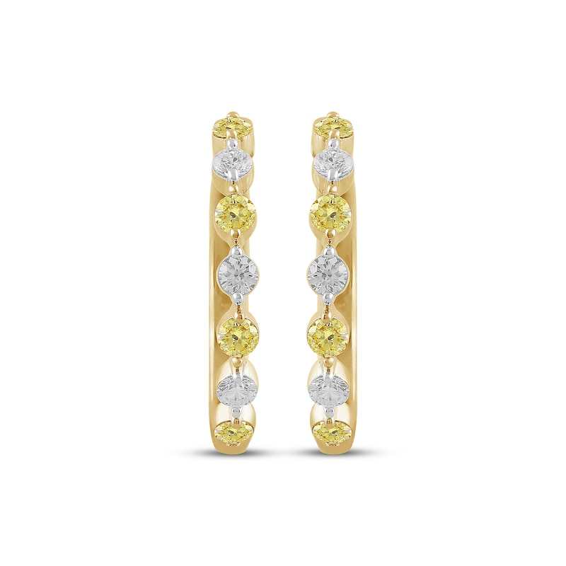 Main Image 2 of Yellow & White Lab-Grown Diamond Alternating Hoop Earrings 1 ct tw 10K Yellow Gold