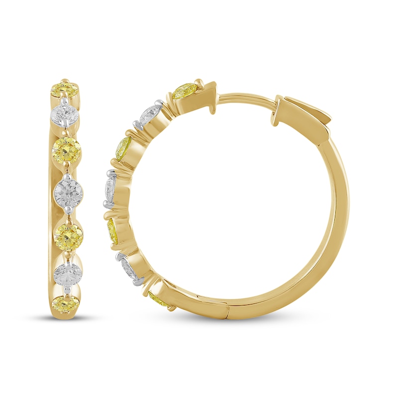 Main Image 3 of Yellow & White Lab-Grown Diamond Alternating Hoop Earrings 1 ct tw 10K Yellow Gold