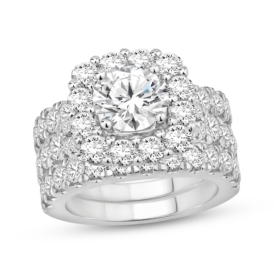Round-Cut Lab-Grown Diamond Cushion Halo Bridal Set 5 ct tw 14K White Gold