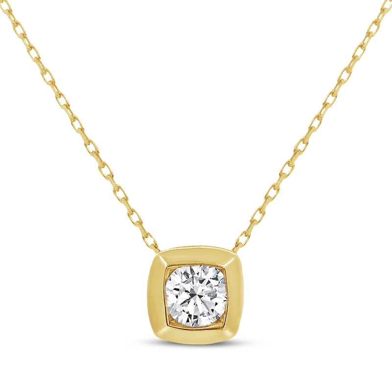 Main Image 1 of Round-Cut Diamond Solitaire Cushion Frame Necklace 1/3 ct tw 10K Yellow Gold 18" (I/I2)