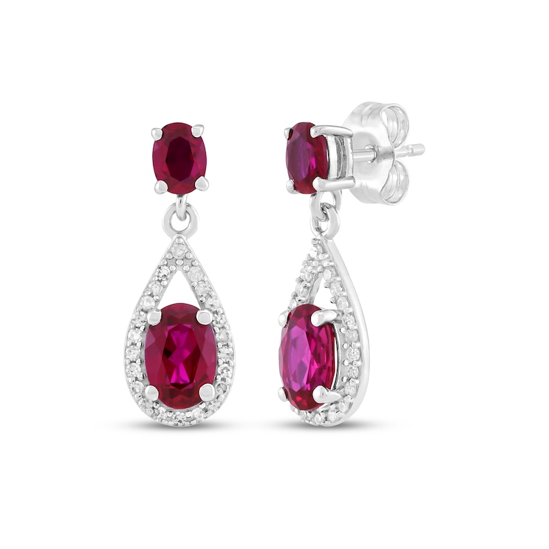 Main Image 1 of Oval-Cut Lab-Created Ruby & White Lab-Created Sapphire Halo Drop Earrings Sterling Silver