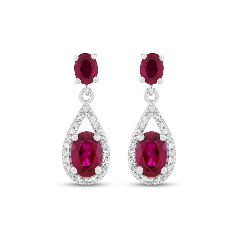 Main Image 2 of Oval-Cut Lab-Created Ruby & White Lab-Created Sapphire Halo Drop Earrings Sterling Silver