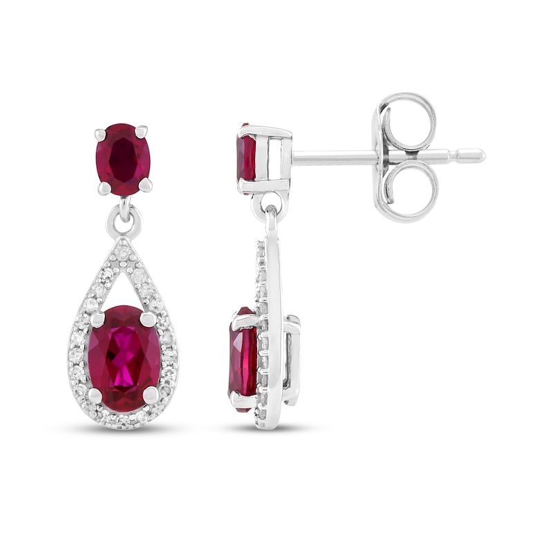 Main Image 3 of Oval-Cut Lab-Created Ruby & White Lab-Created Sapphire Halo Drop Earrings Sterling Silver