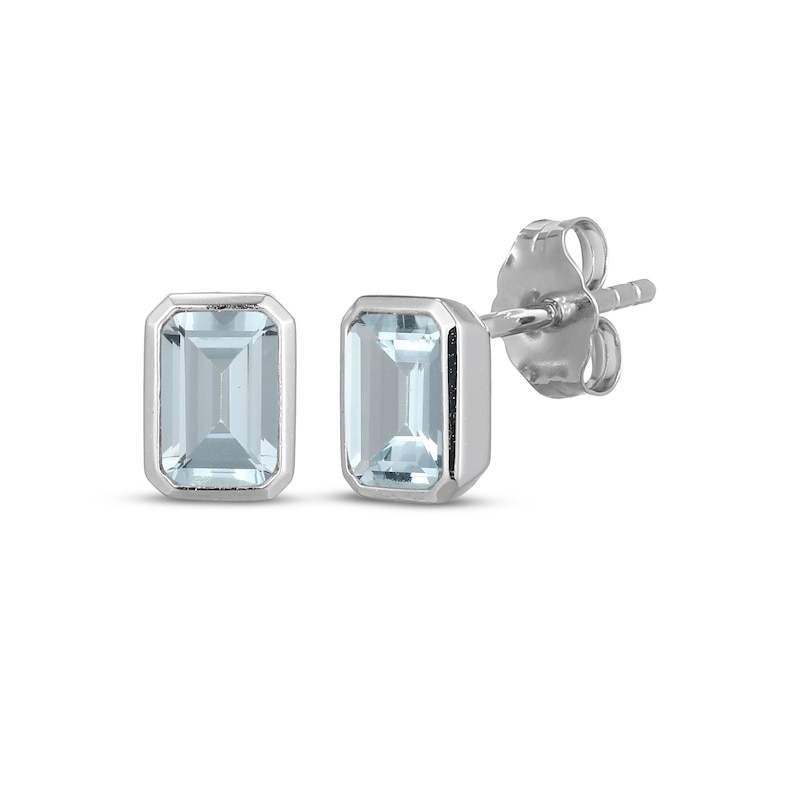 Main Image 1 of STUDIO BY KAY Emerald-Cut Aquamarine Bezel-Set Solitaire Stud Earrings Sterling Silver