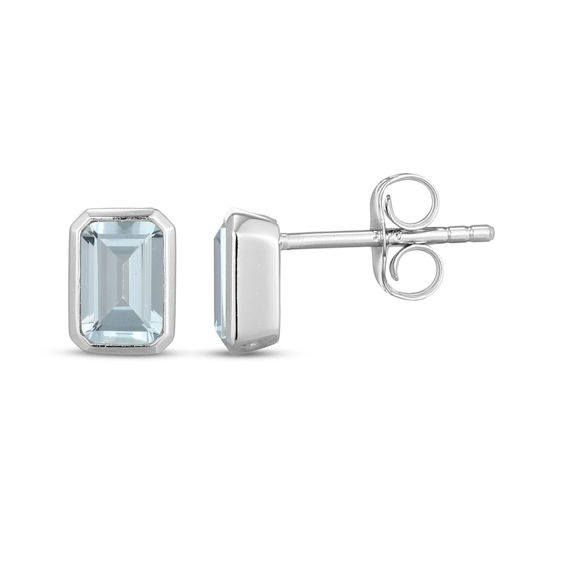 Main Image 3 of STUDIO BY KAY Emerald-Cut Aquamarine Bezel-Set Solitaire Stud Earrings Sterling Silver
