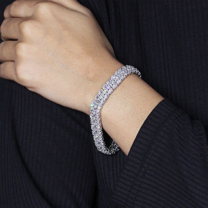 Main Image 3 of Oval-Cut White Lab-Created Sapphire Three-Row Bracelet Sterling Silver 7.5"