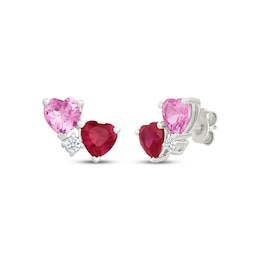 Lab-Created Ruby, Pink & White Lab-Created Sapphire Double Heart Earrings Sterling Silver