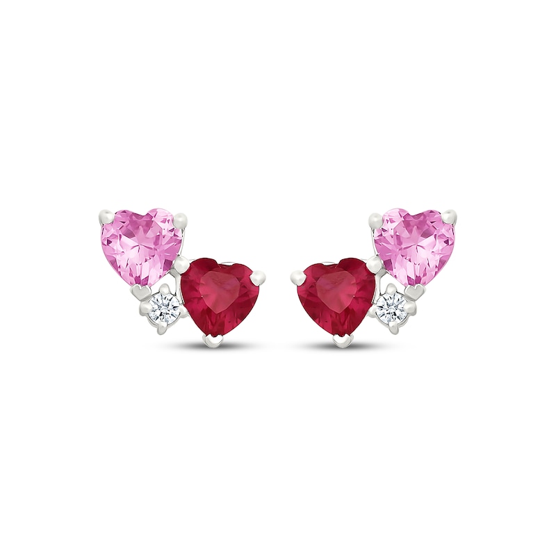 Main Image 2 of Lab-Created Ruby, Pink & White Lab-Created Sapphire Double Heart Earrings Sterling Silver