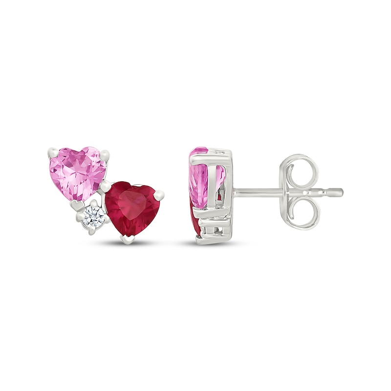 Main Image 3 of Lab-Created Ruby, Pink & White Lab-Created Sapphire Double Heart Earrings Sterling Silver