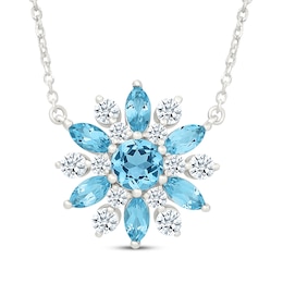 Swiss Blue Topaz & White Sapphire Flower Necklace Sterling Silver 18"