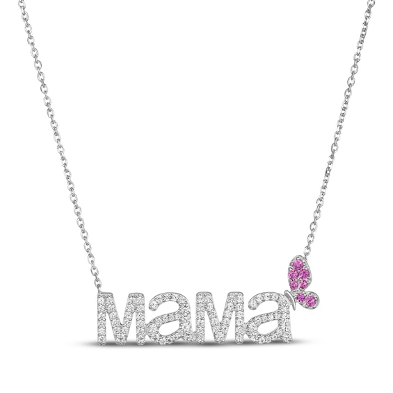 Pink & White Lab-Created Sapphire "Mama" Butterfly Necklace Sterling Silver 18"