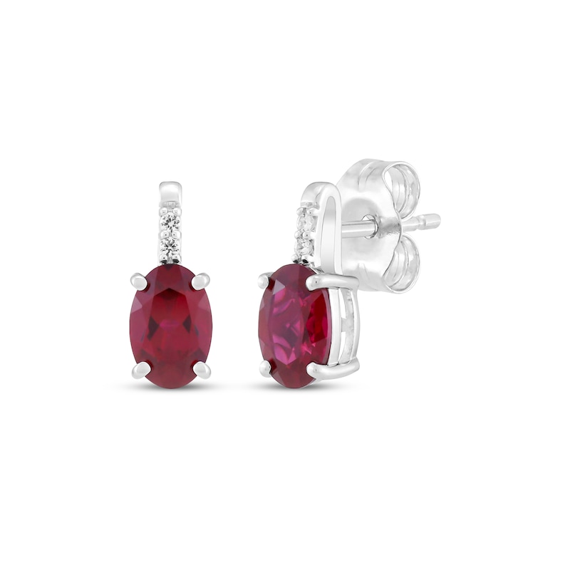 Main Image 1 of Oval-Cut Lab-Created Ruby & White Lab-Created Sapphire Stud Earrings Sterling Silver