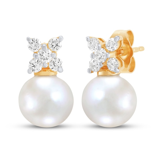 Cultured Pearl & Diamond Stud Earrings 1/3 ct tw 10K Yellow Gold