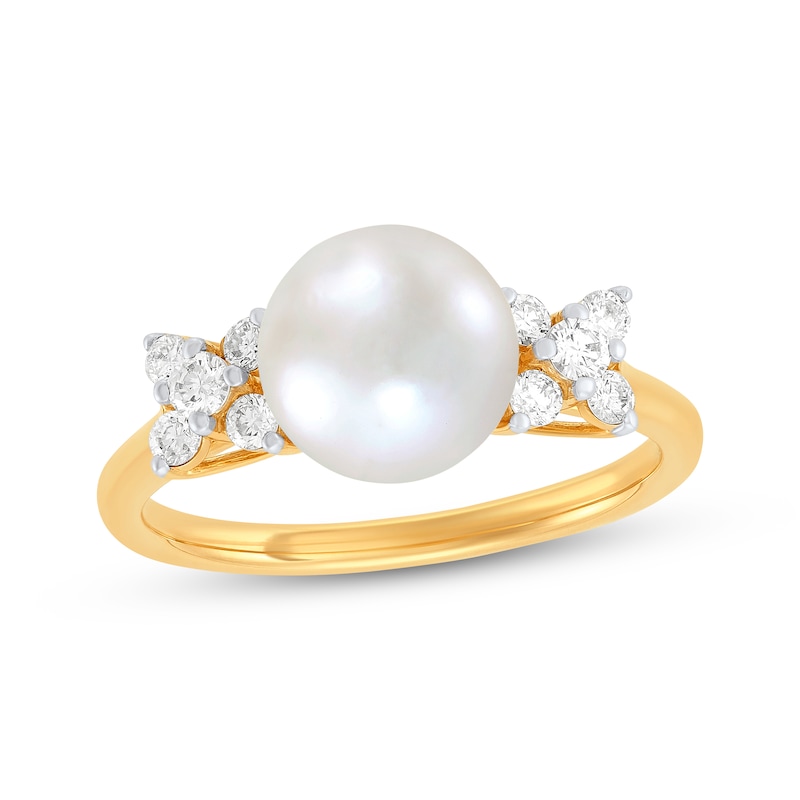 Main Image 1 of Cultured Pearl & Diamond Ring 1/3 ct tw 10K Yellow Gold