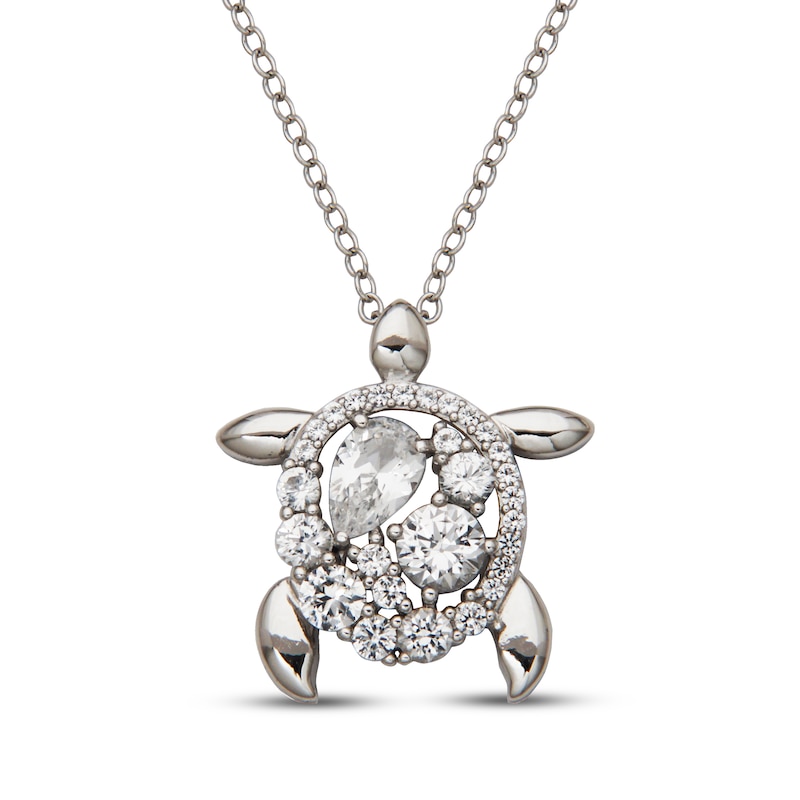 Main Image 1 of Pear-Shaped & Round-Cut White Lab-Created Sapphire Sea Turtle Necklace Sterling Silver 18"
