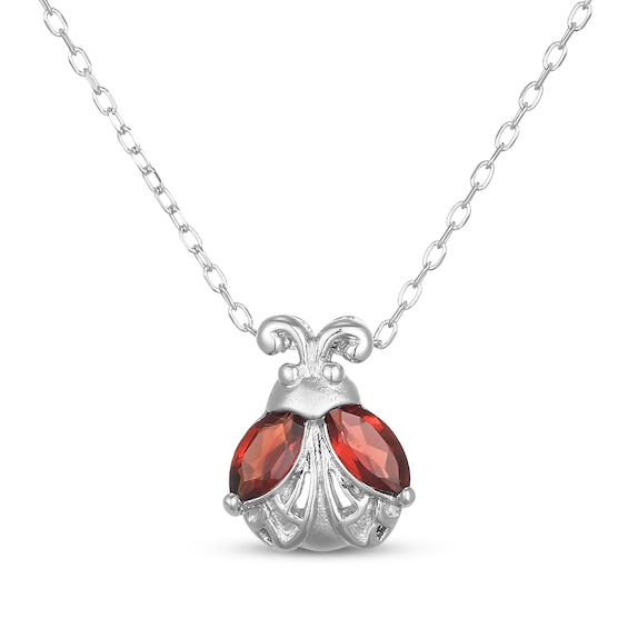 Marquise-Cut Natural Garnet Ladybug Necklace Sterling Silver 18"