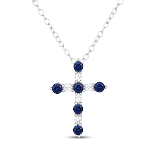 Round-Cut Blue & White Lab-Created Sapphire Cross Necklace Sterling Silver 18"