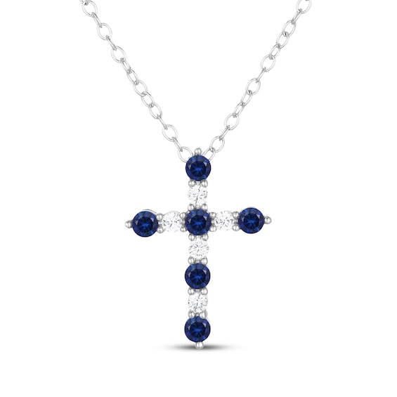 Round-Cut Blue & White Lab-Created Sapphire Cross Necklace Sterling Silver 18"