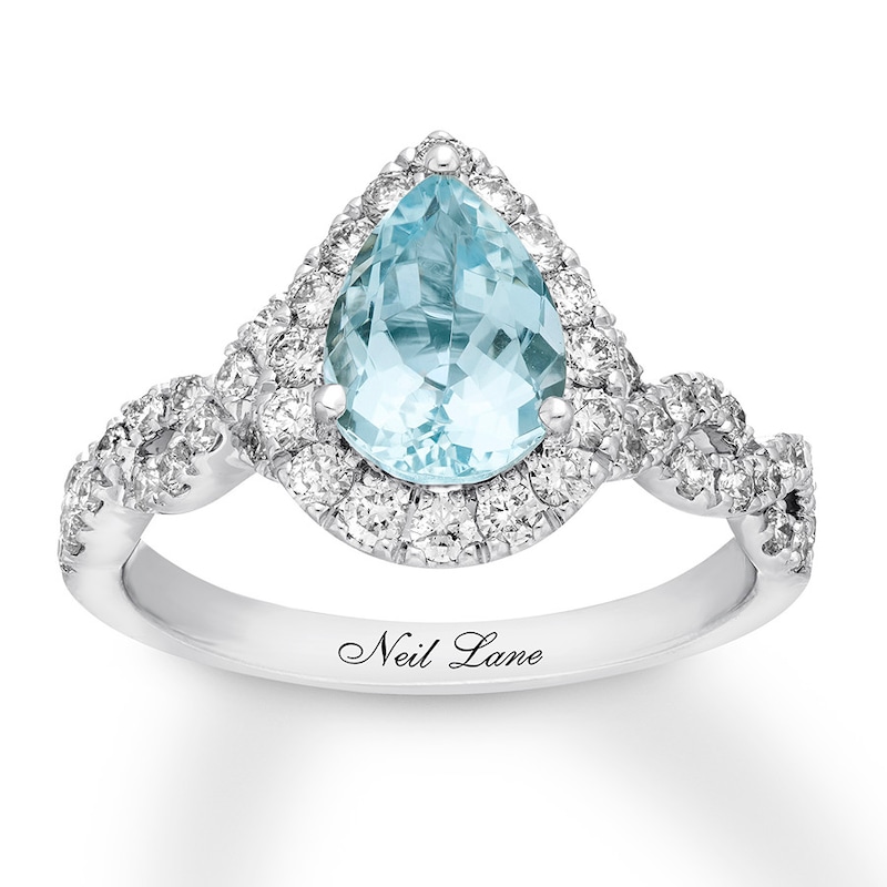 Neil Lane Aquamarine Engagement Ring 3/4 cttw Pear & Round-cut 14K White Gold