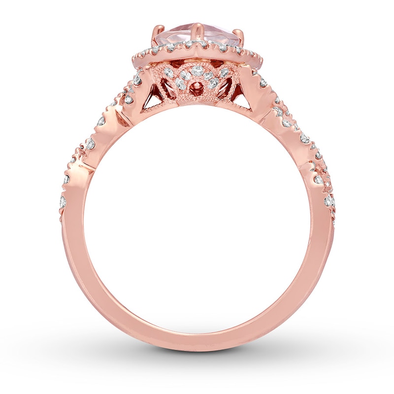 Rose Gold Morganite Ring Bridal Set in Vintage Diamond Floral Band 14K White Gold / 7.0