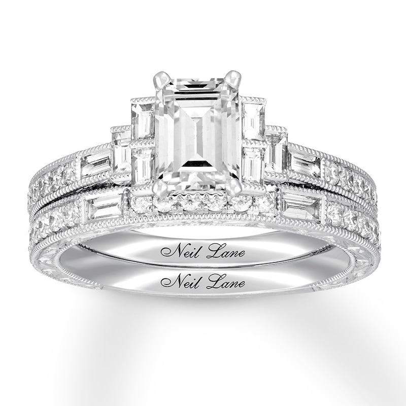 Main Image 1 of Neil Lane Diamond Bridal Set 1-5/8 ct tw Emerald, Baguette & Round-cut 14K White Gold