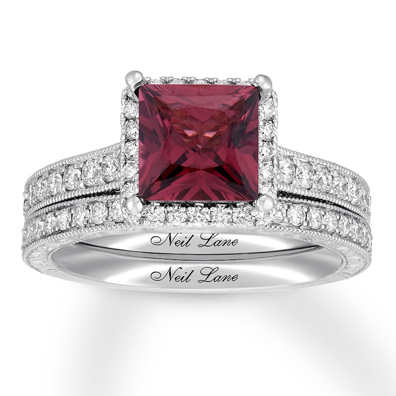 Main Image 1 of Neil Lane Princess-Cut Garnet Bridal Set 7/8 ct tw Diamonds 14K White Gold
