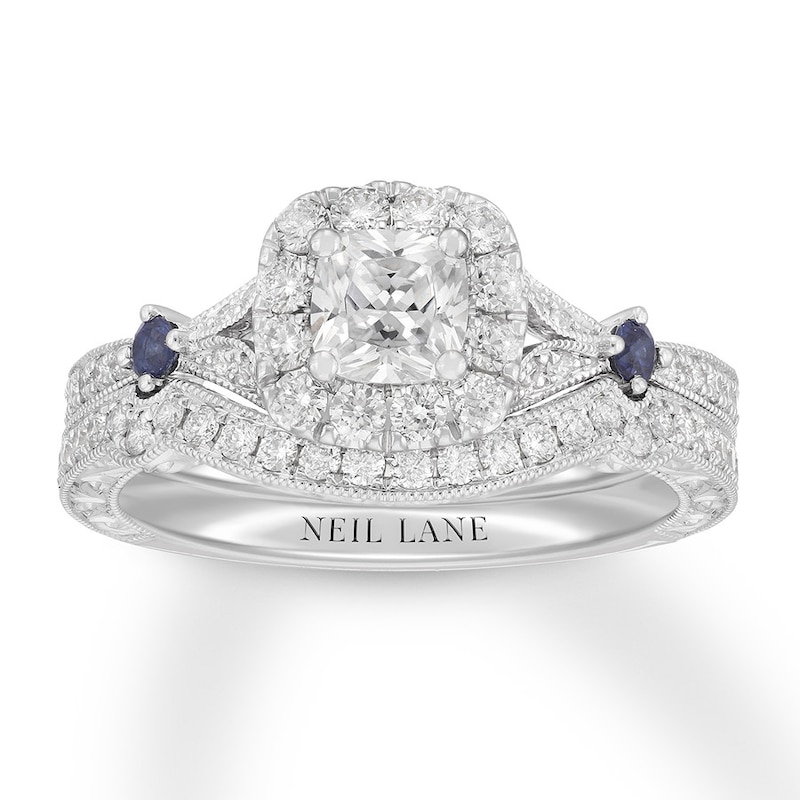 Main Image 1 of Neil Lane Blue Sapphire & Diamond Bridal Set 1-1/8 ct tw Cushion & Round-cut 14K White Gold