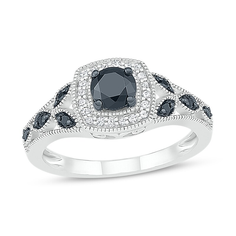 Black & White Diamond Engagement Ring 1/2 ct tw Round-cut 10K White Gold