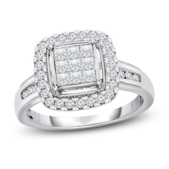 Diamond Engagement Ring 3/4 ct tw Princess & Round-cut 10K White Gold