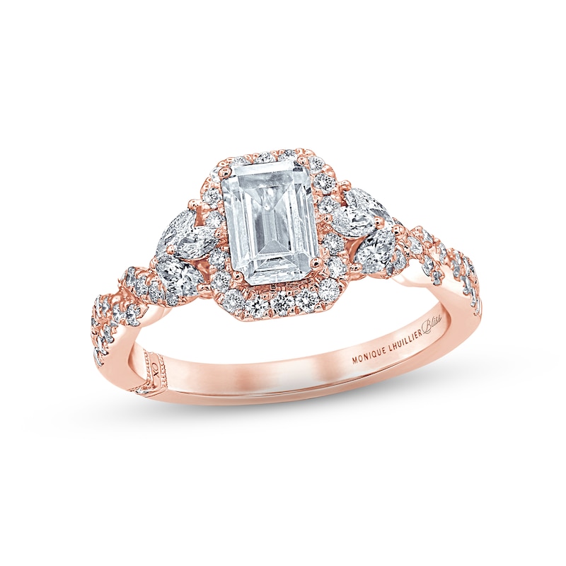 Monique Lhuillier Bliss Diamond Engagement Ring 1-3/8 ct tw Emerald, Round & Marquise-cut 18K Rose Gold