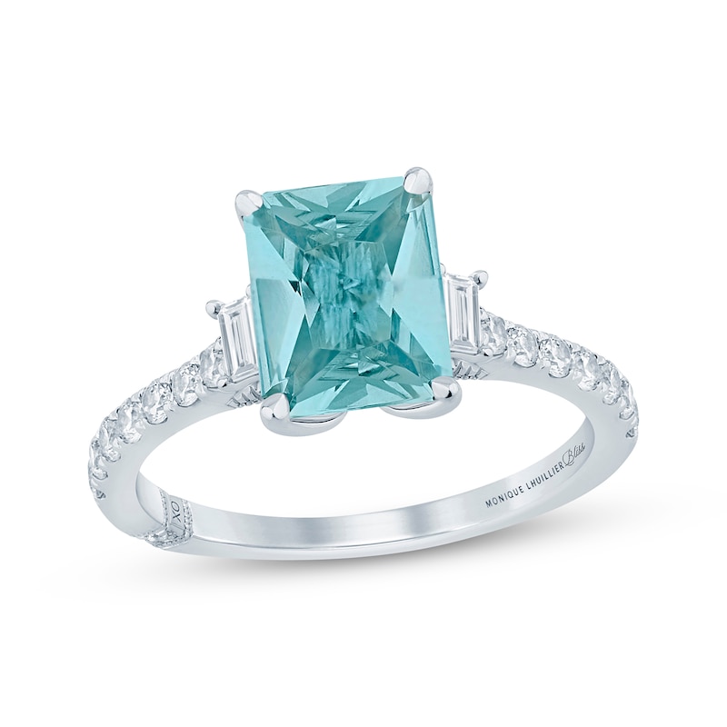 Main Image 1 of Monique Lhuillier Bliss Emerald-Cut Aquamarine & Diamond Engagement Ring 1/2 ct tw 14K White Gold