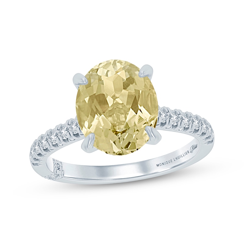 Main Image 1 of Monique Lhuillier Bliss Oval-Cut Yellow Quartz & Diamond Engagement Ring 1/3 ct tw 14K White Gold